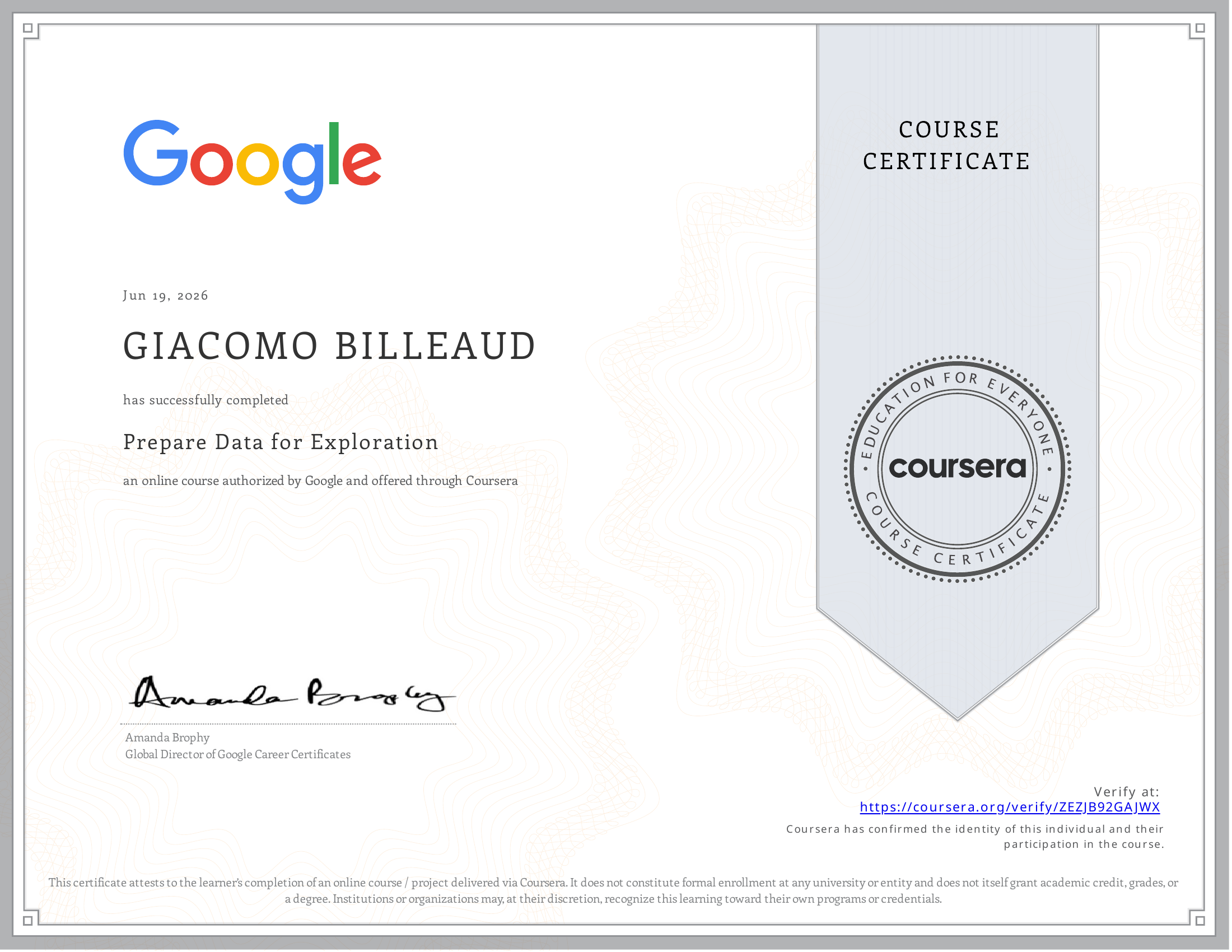 Prepare Data for Exploration Certificate